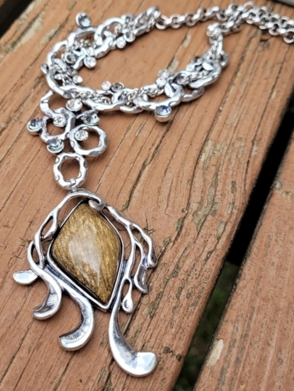 Vintage Bohemian Artisan Catseye Stone & Crystal Silver Statement Necklace - Picture 13 of 14